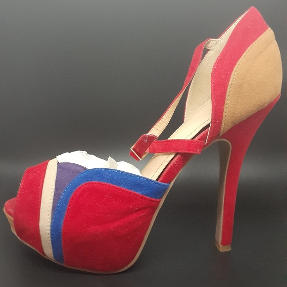 Red Multi Color Suede Pumps - Picture 3 of 7